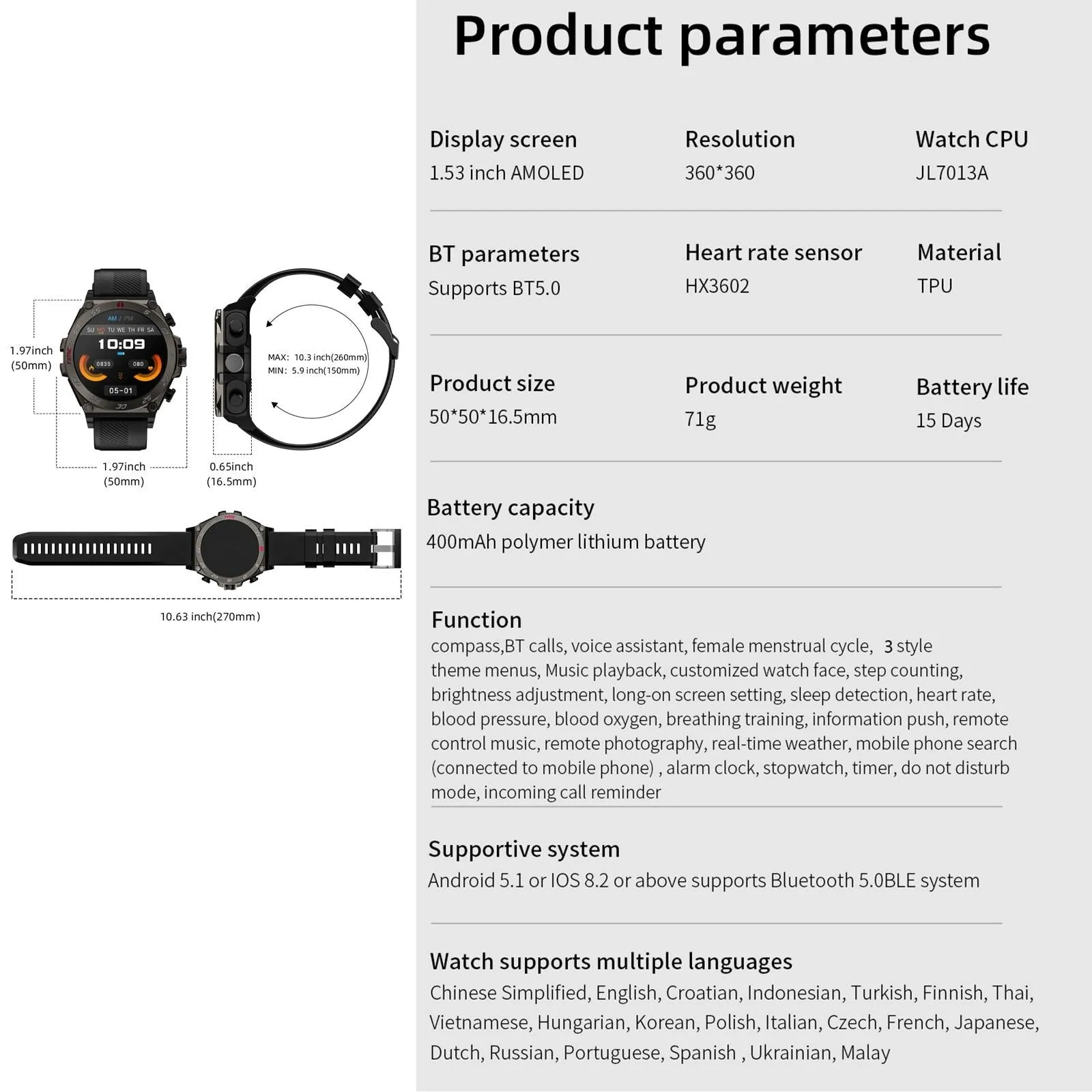 1.53 Inch Ip67 Bt5.0 Sport Smart Watch With Earbuds Support Bluetooth Call / Sleep / Blood Oxygen / Heart Rate / Blood Pressure Health Monitor
