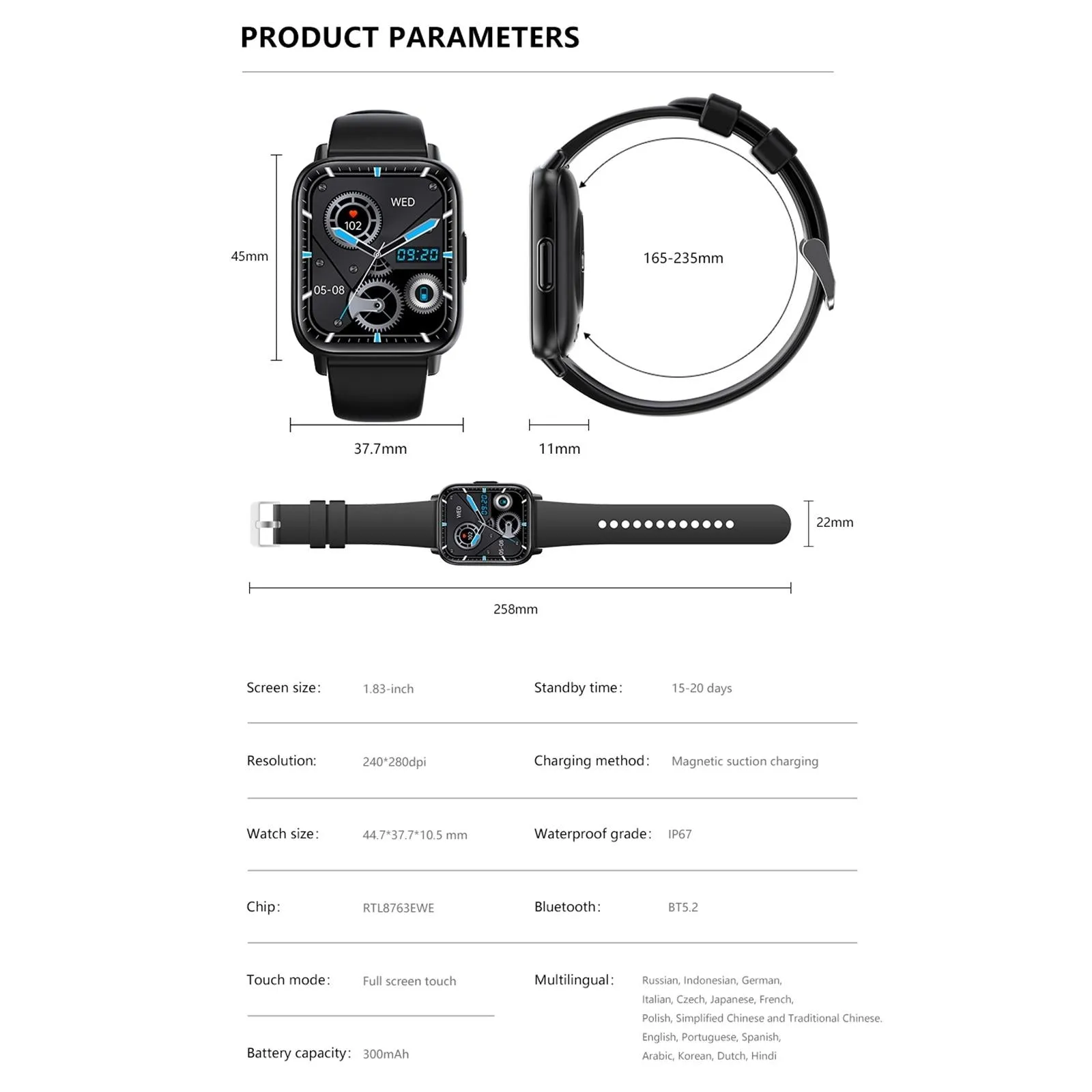 1.83 Inch Bt5.2 Smart Sport Watch Support Bluetooth Call / Sleep / Blood Sugar / Blood Oxygen / Temperature / Heart Rate / Blood Pressure Health Monitor