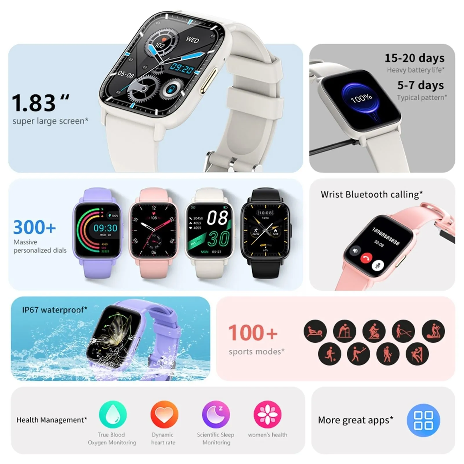 1.83 Inch Bt5.2 Smart Sport Watch Support Bluetooth Call / Sleep / Blood Sugar / Blood Oxygen / Temperature / Heart Rate / Blood Pressure Health Monitor