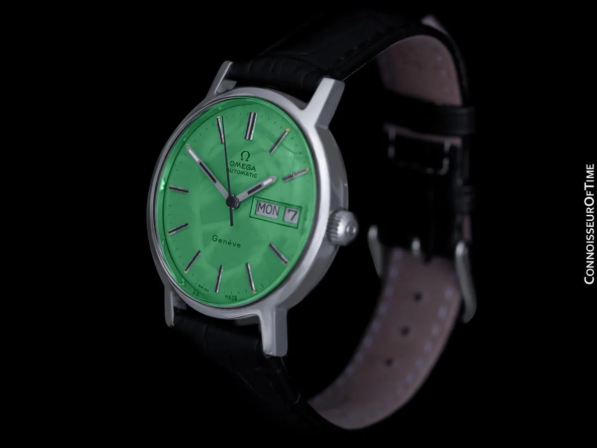 1976 Omega Geneve Vintage Automatic Day Date Mens Green Dial Watch - Stainless Steel