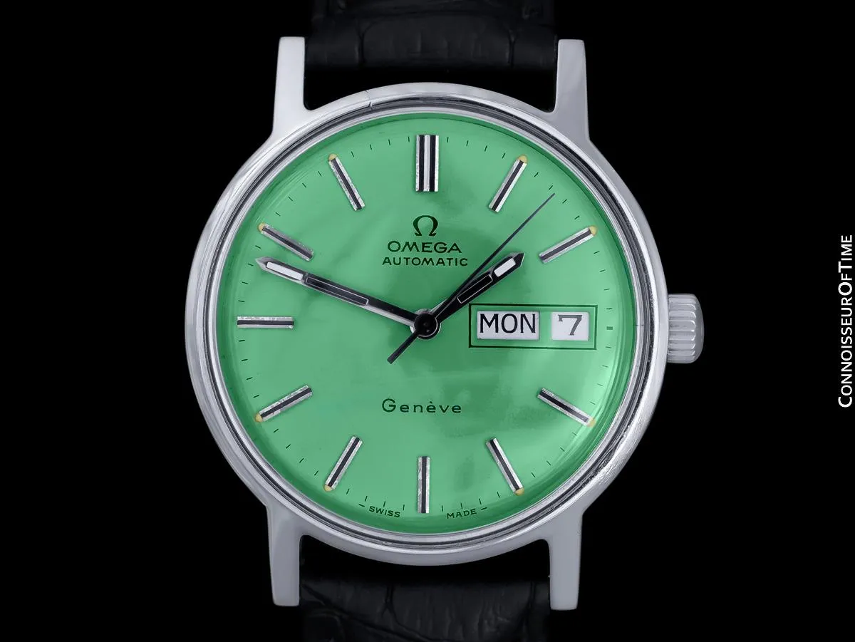 1976 Omega Geneve Vintage Automatic Day Date Mens Green Dial Watch - Stainless Steel