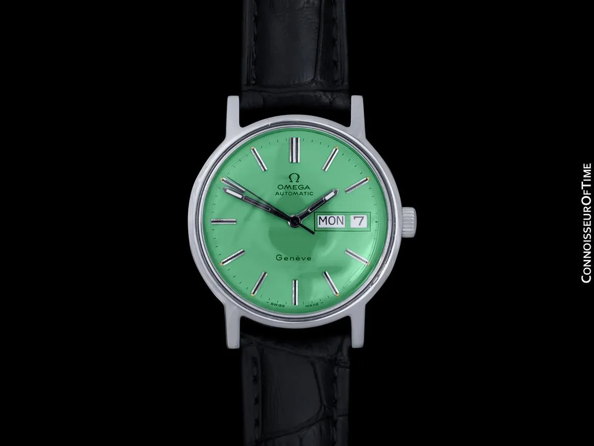 1976 Omega Geneve Vintage Automatic Day Date Mens Green Dial Watch - Stainless Steel