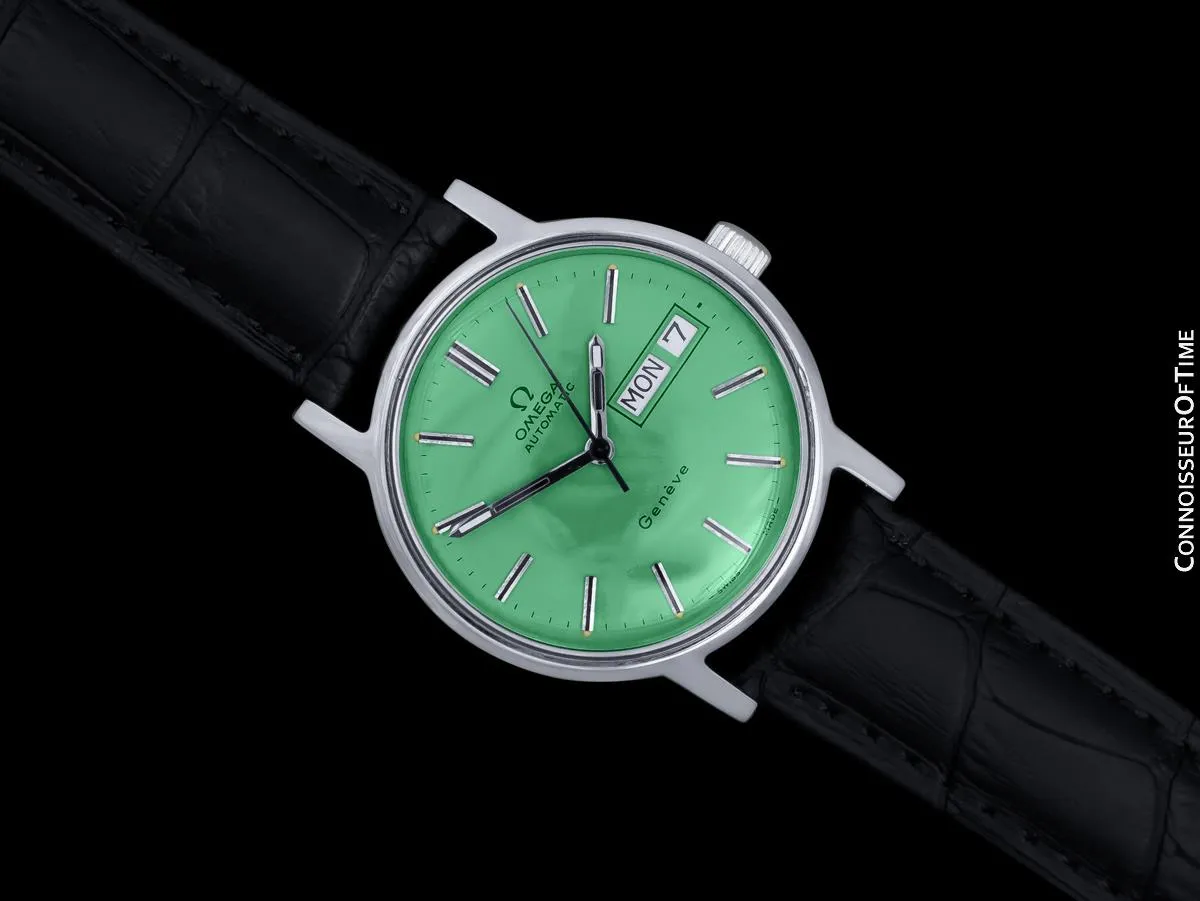 1976 Omega Geneve Vintage Automatic Day Date Mens Green Dial Watch - Stainless Steel