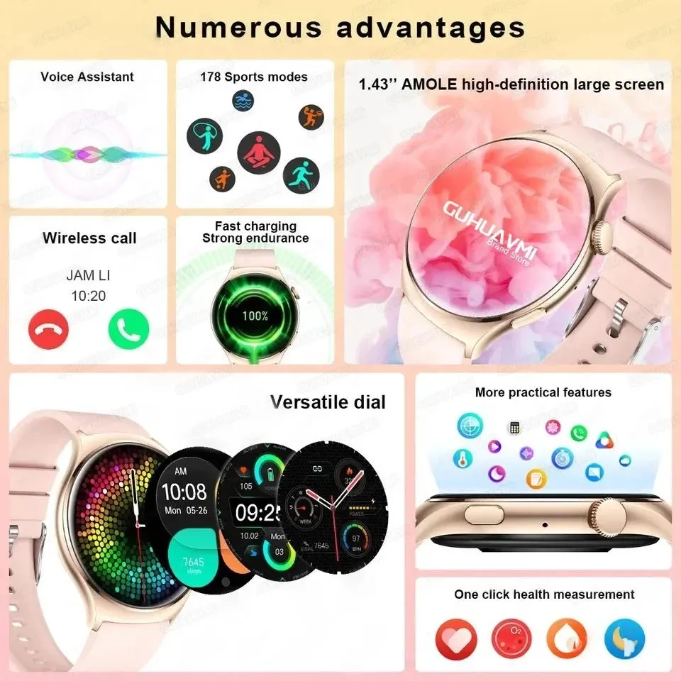 2024 GPS Smart Watch Women 1.43 Inch AMOLED 466*466 HD Screen Sport Heart Rate NFC Custom Dial Bluetooth Call Smartwatch Ladies