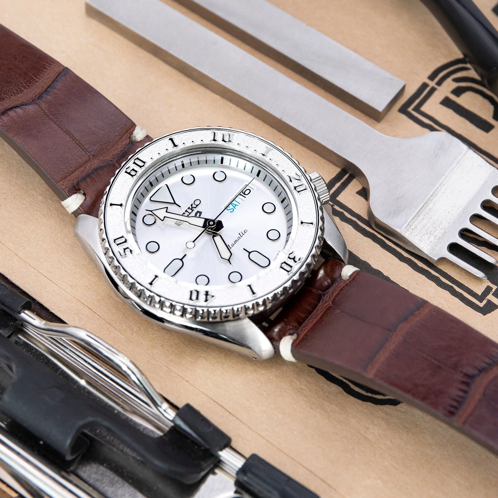 20mm, 21mm or 22mm MiLTAT Genuine American Alligator Square Scale, Semi Matte Dark Brown Watch Strap