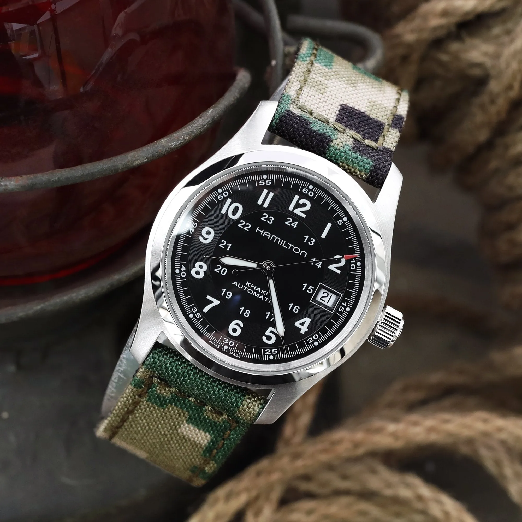 20mm, 21mm or 22mm MiLTAT WW2 2-piece Woodland Camo Cordura 1000D Armband with lockstitch round hole, Sandblasted