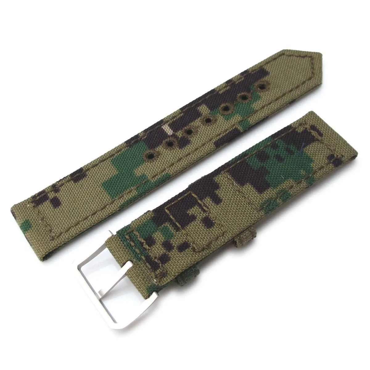 20mm, 21mm or 22mm MiLTAT WW2 2-piece Woodland Camo Cordura 1000D Armband with lockstitch round hole, Sandblasted
