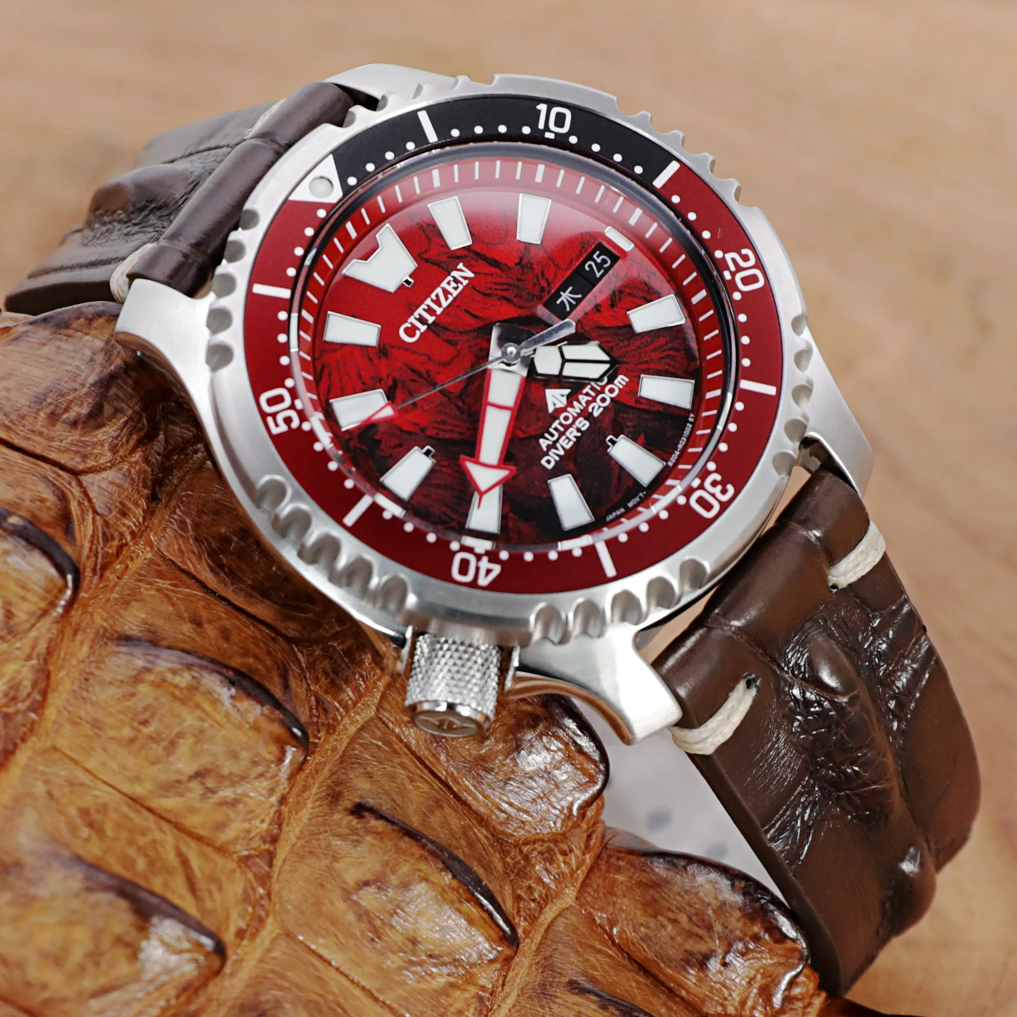 20mm Dark Brown Italian Handmade Hornback Alligator Watch Band, Beige Stitching, P Buckle