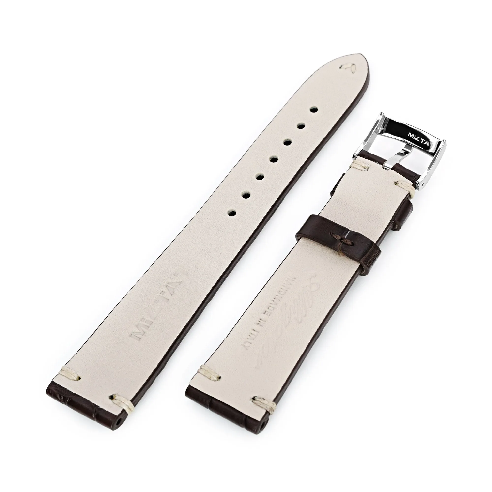 20mm Dark Brown Italian Handmade Hornback Alligator Watch Band, Beige Stitching, P Buckle