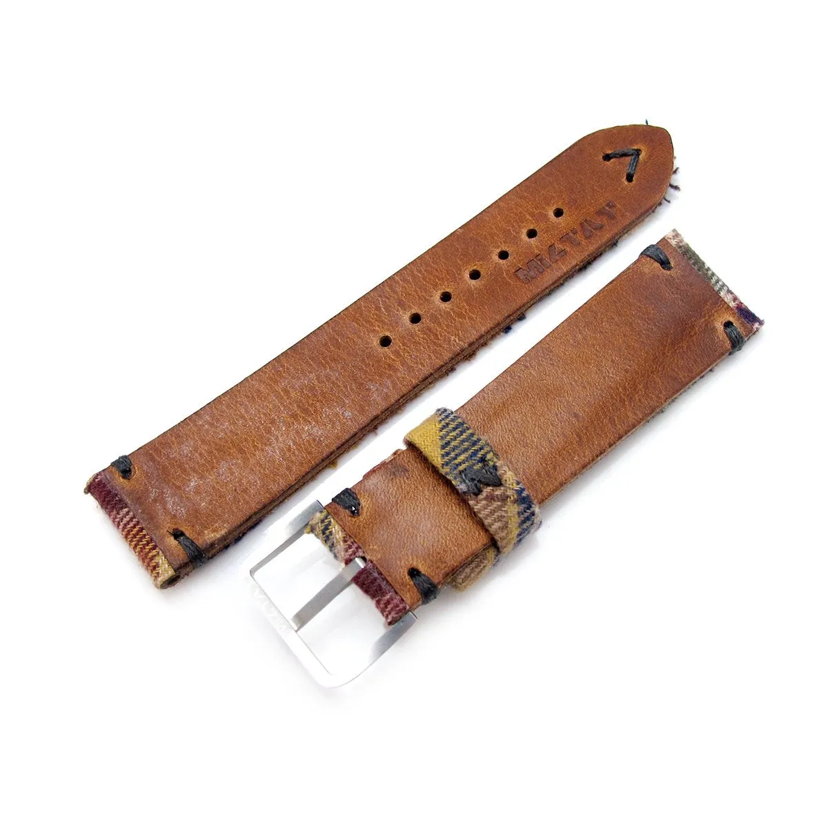 20mm MiLTAT Stewart Camel Tartan Pattern Watch Strap, Grey Stitching