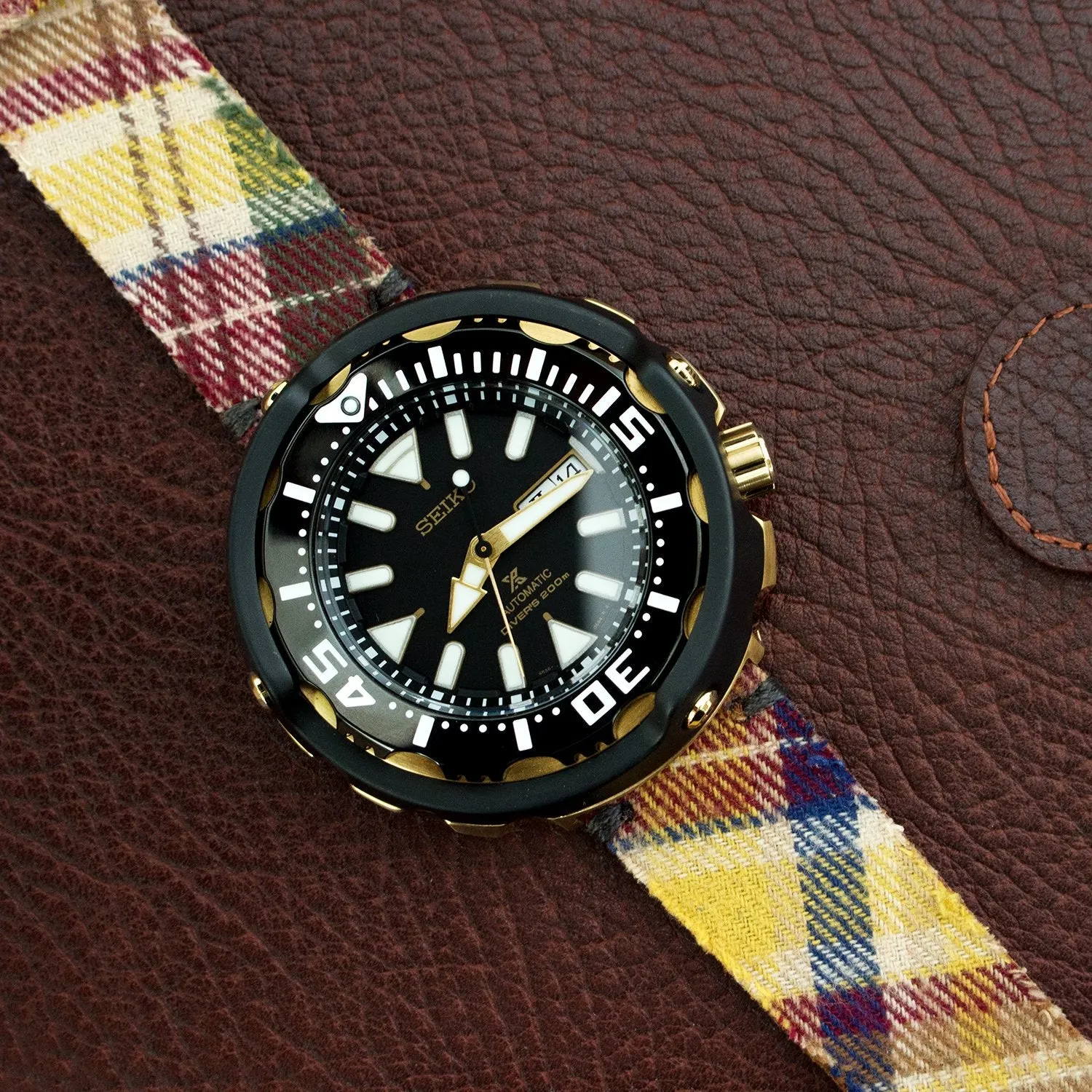 20mm MiLTAT Stewart Camel Tartan Pattern Watch Strap, Grey Stitching