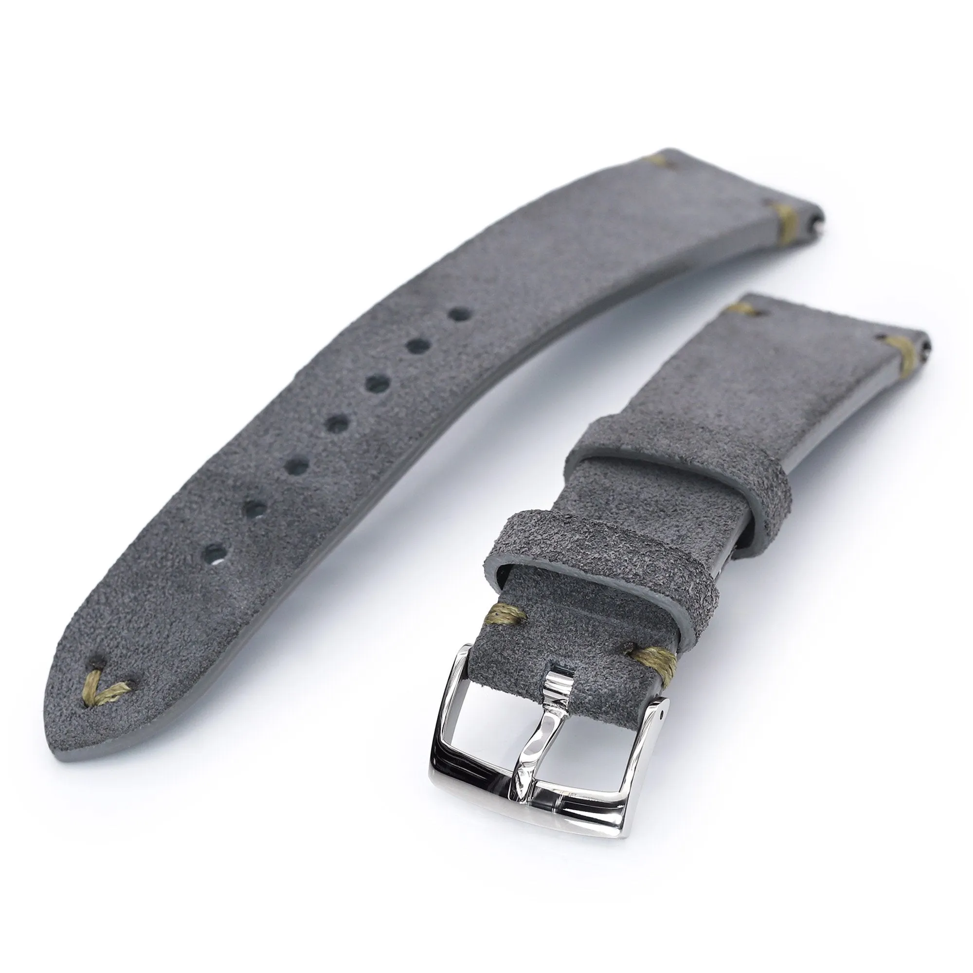 22mm Grey Quick Release Italian Suede Leather Strap, Military Green St.