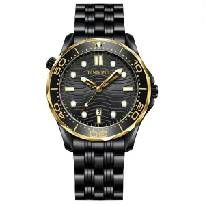 30m Waterproof Men Quartz Watch - Black Steel with Inter-gold Accents and Luminous Dial