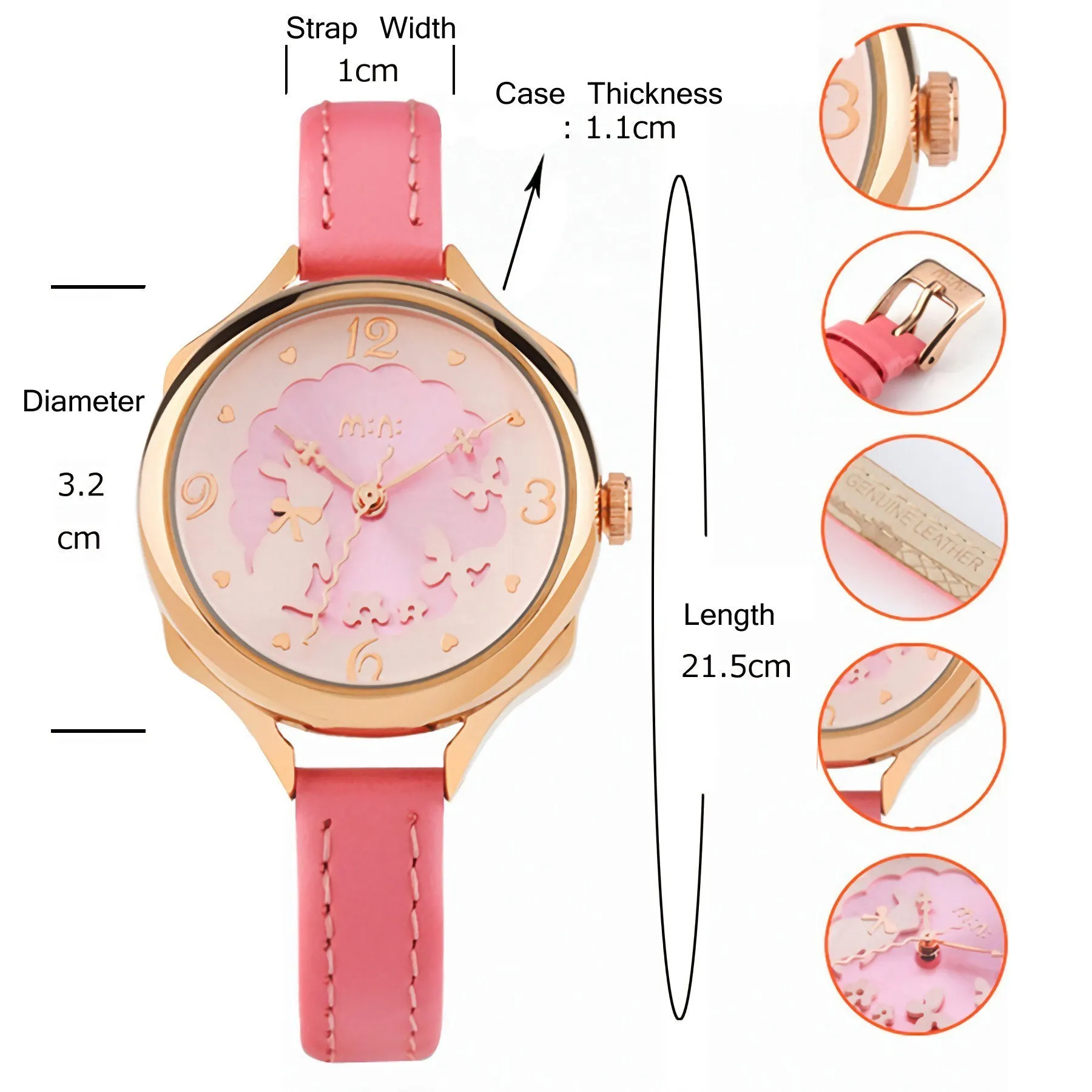 3D Bowknot Rabbit Butterfly Girl's Women's Wrist Watches for Students Genuine Leather Strap Pink