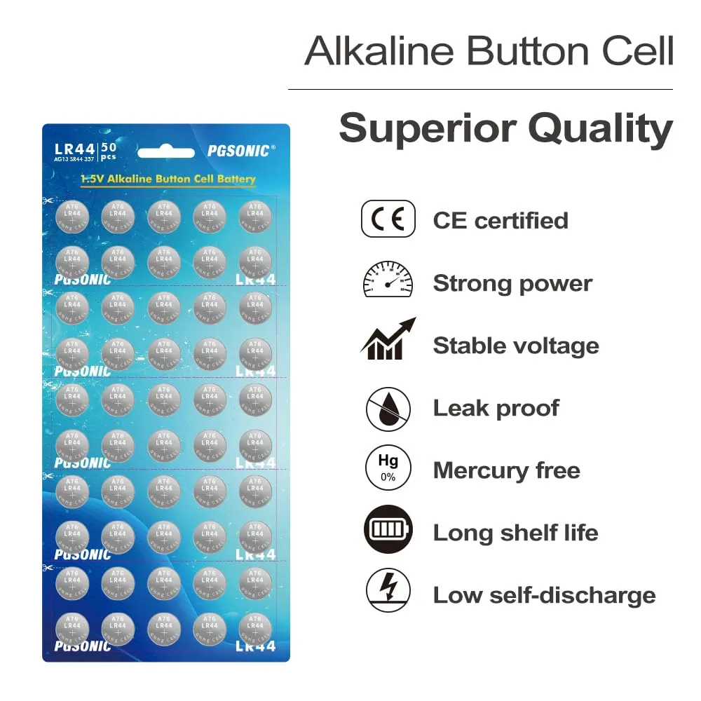 50 Pack LR44 Batteries, 1.5 Volt Alkaline Button Cell Batteries with Long Lasting Power