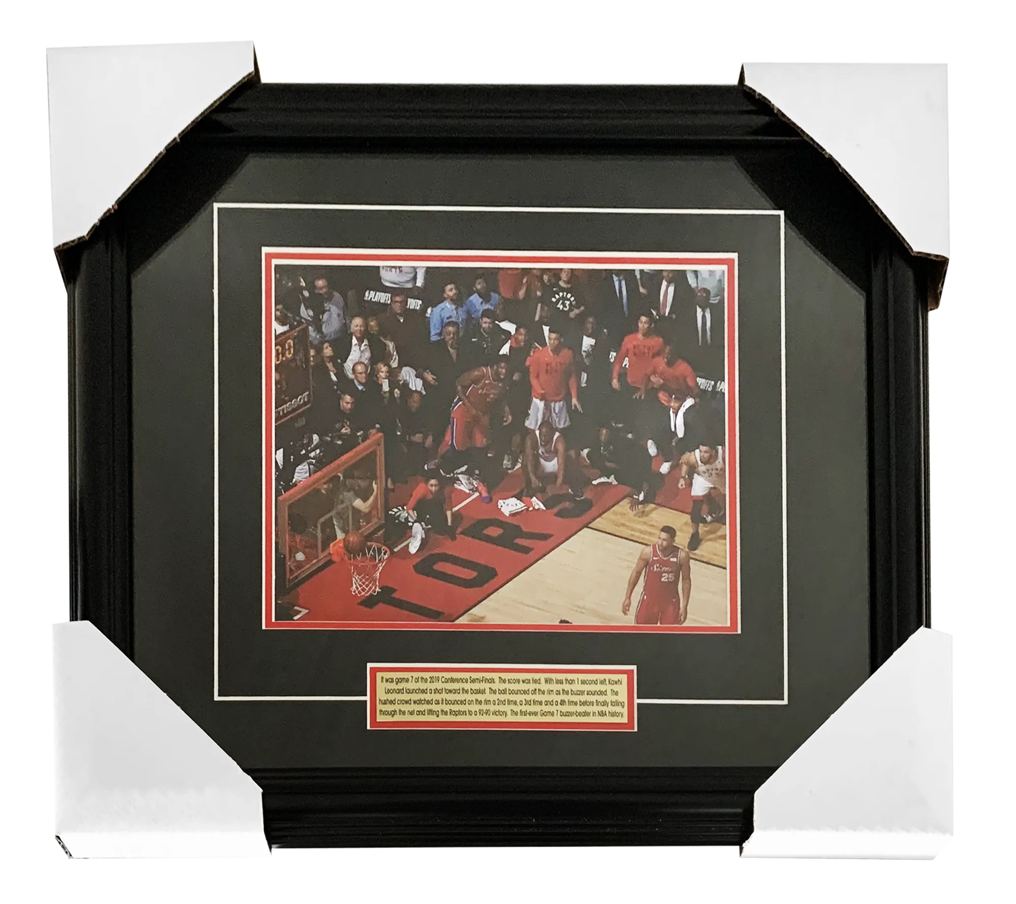 68-297- Kawhi Leonard 8x10 and Plate Framed Raptors Game 7 Basket Crouched