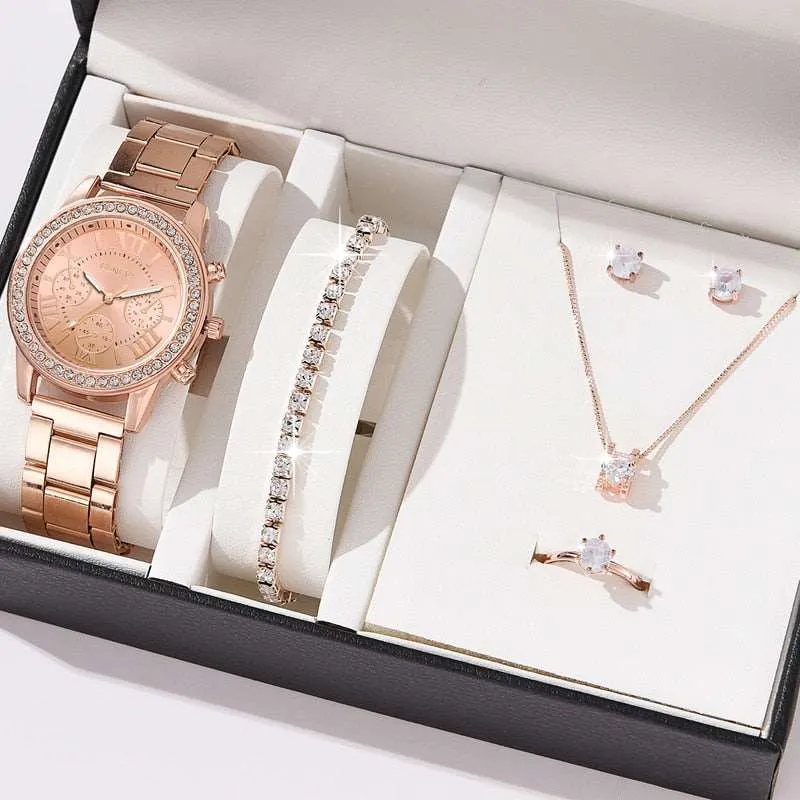 6PCS Gift Set Luxury Watch Ring Necklace Earrings for Women luxury gift ideas for her