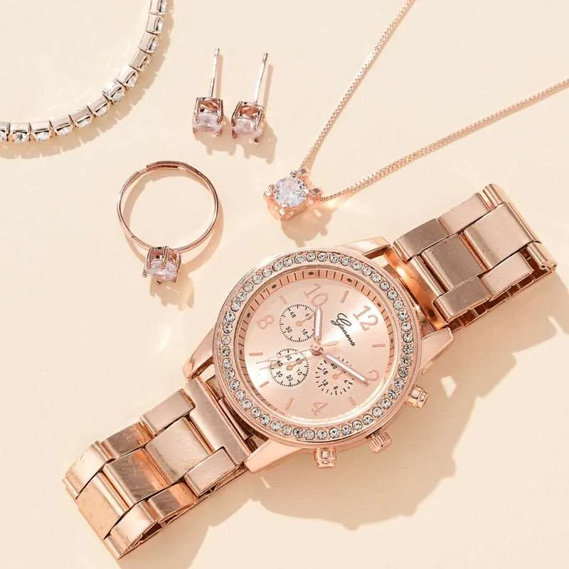 6PCS Gift Set Luxury Watch Ring Necklace Earrings for Women luxury gift ideas for her