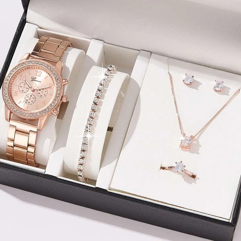 6PCS Gift Set Luxury Watch Ring Necklace Earrings for Women luxury gift ideas for her