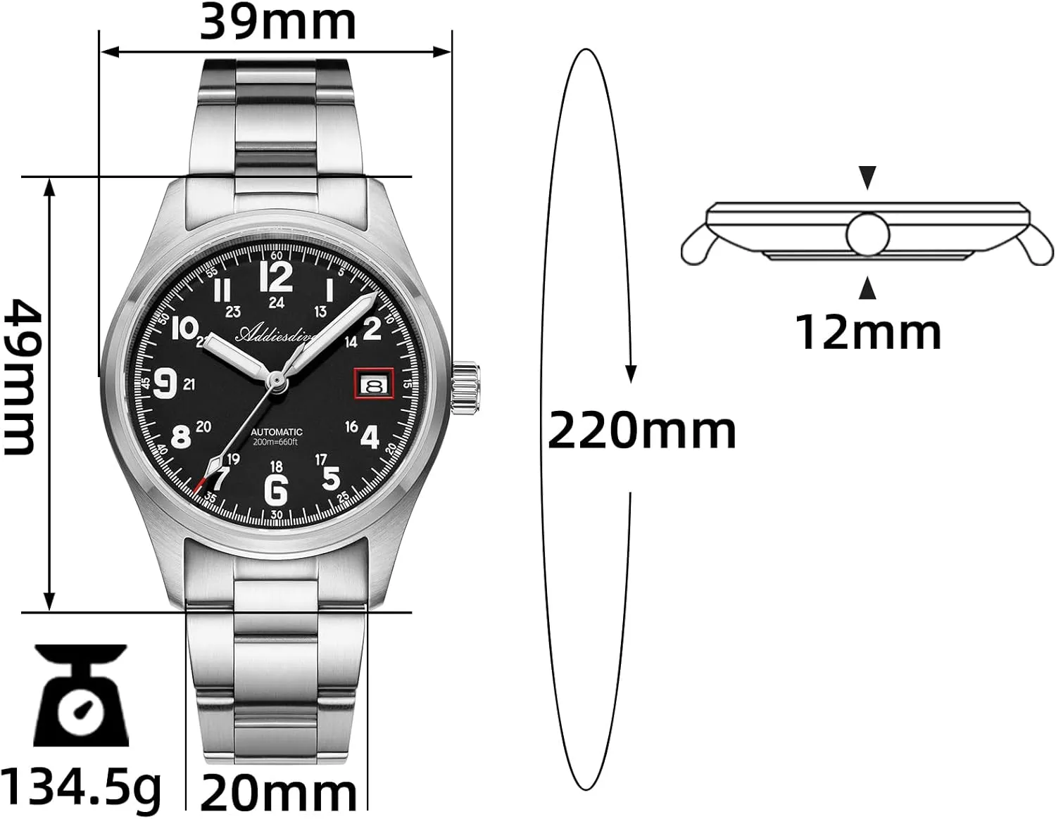 ADDIESDIVE Mens Automatic NH35A Movement Sapphire Analog Watch - 200M Waterproof Stainless Steel Business Watch