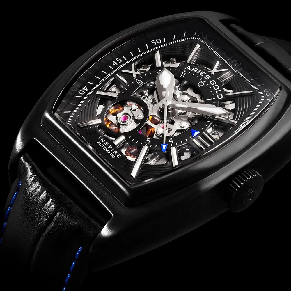 ARIES GOLD AUTOMATIC INFINUM CRUISER BLACK STAINLESS STEEL G 901 BK-BKBU LEATHER MEN'S WATCH