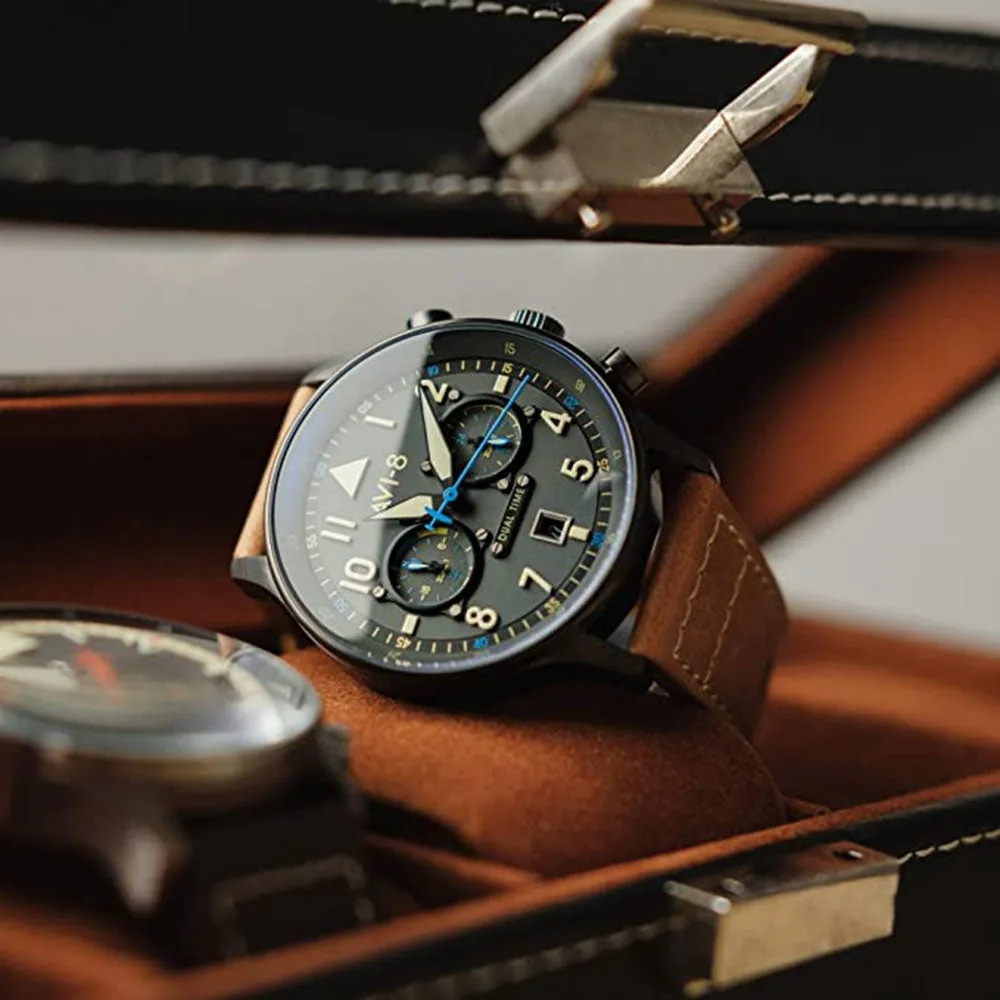 AVI-8 Men's Black Dial Brown Leather Band Dual Time Orissa Japanese Quartz Watch - AV-4088-04