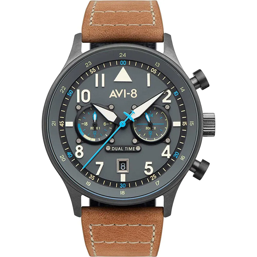 AVI-8 Men's Black Dial Brown Leather Band Dual Time Orissa Japanese Quartz Watch - AV-4088-04