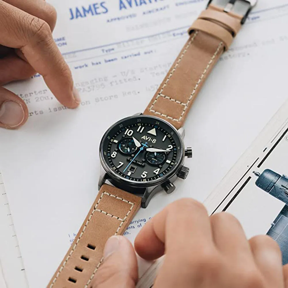 AVI-8 Men's Black Dial Brown Leather Band Dual Time Orissa Japanese Quartz Watch - AV-4088-04