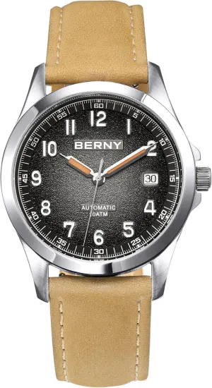 BERNY Easy Reader Automatic Watch for Men Seagull ST2130 Mechanical Wristwatches Leather Strap Luminous Waterproof 10ATM Sapphire Glass Scratch Resistant Mens Watches