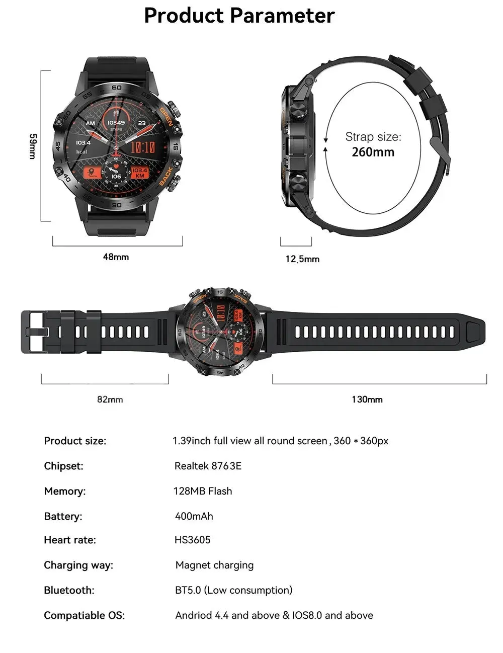 Bluetooth Call 1.39" Smart Watch Men's Sports Fitness Tracker Watches Stainless Steel or Rubber Band Waterproof Smartwatch for Android IOS