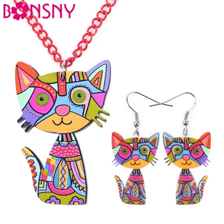 Bonsny Brand Acrylic Statement Cat Necklace Earrings Jewelry Sets Choker Collar Fashion Jewelry 2016 News For Women Girl Child