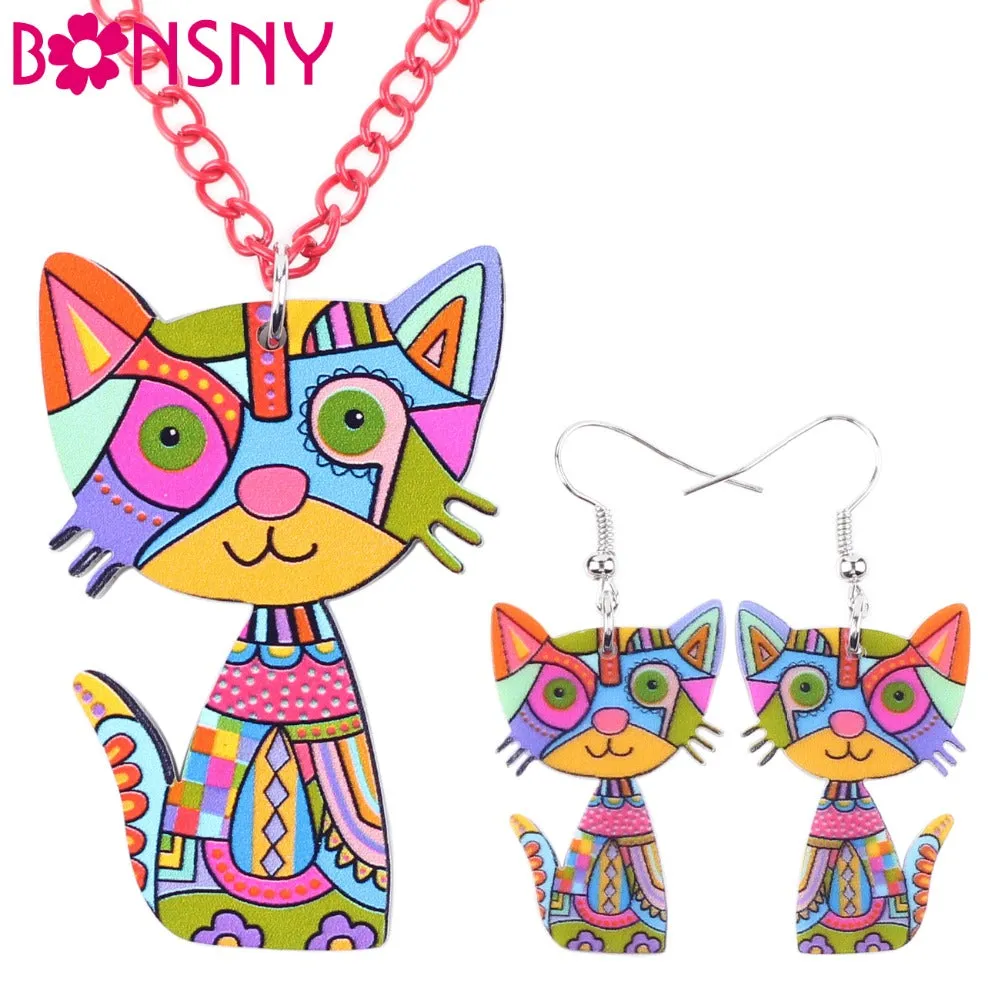 Bonsny Brand Acrylic Statement Cat Necklace Earrings Jewelry Sets Choker Collar Fashion Jewelry 2016 News For Women Girl Child