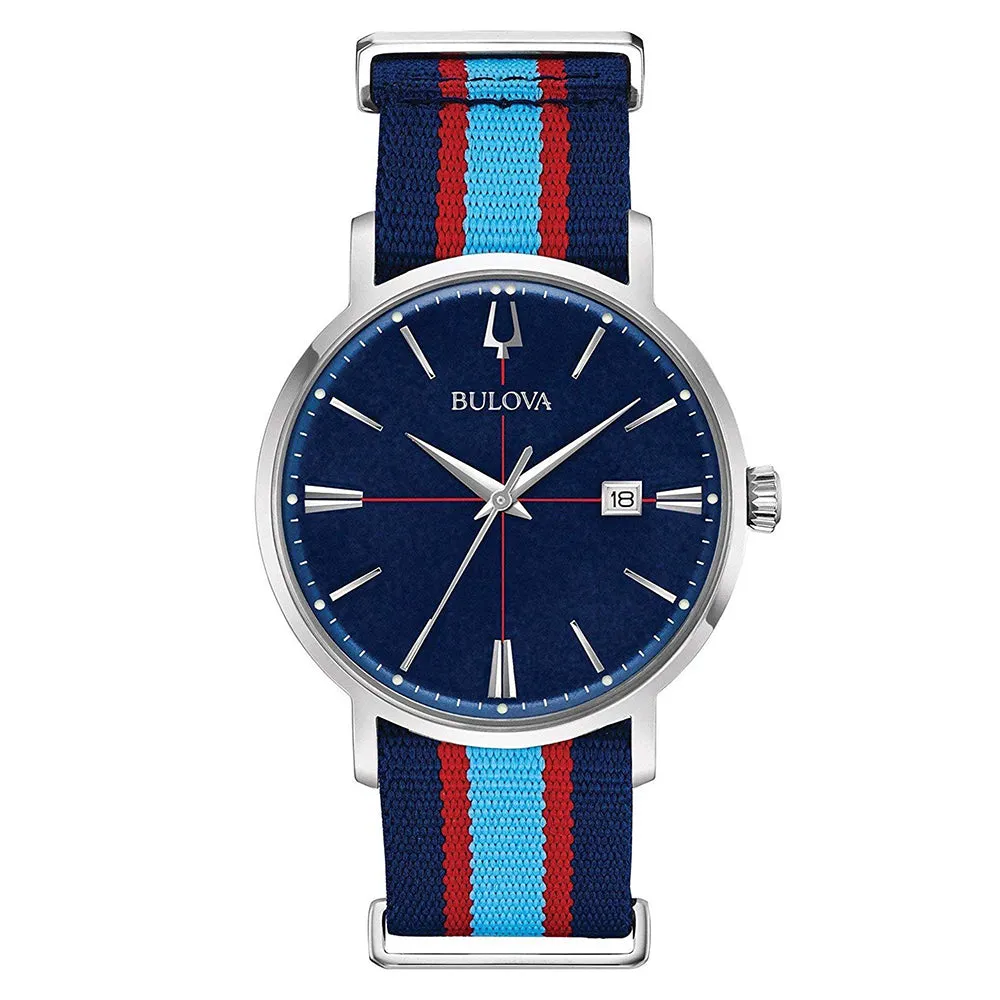 Bulova Aerojet Mens Blue/Red Stripes Nylon Band Blue Quartz Dial Watch - 96B315
