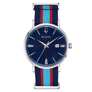 Bulova Aerojet Mens Blue/Red Stripes Nylon Band Blue Quartz Dial Watch - 96B315