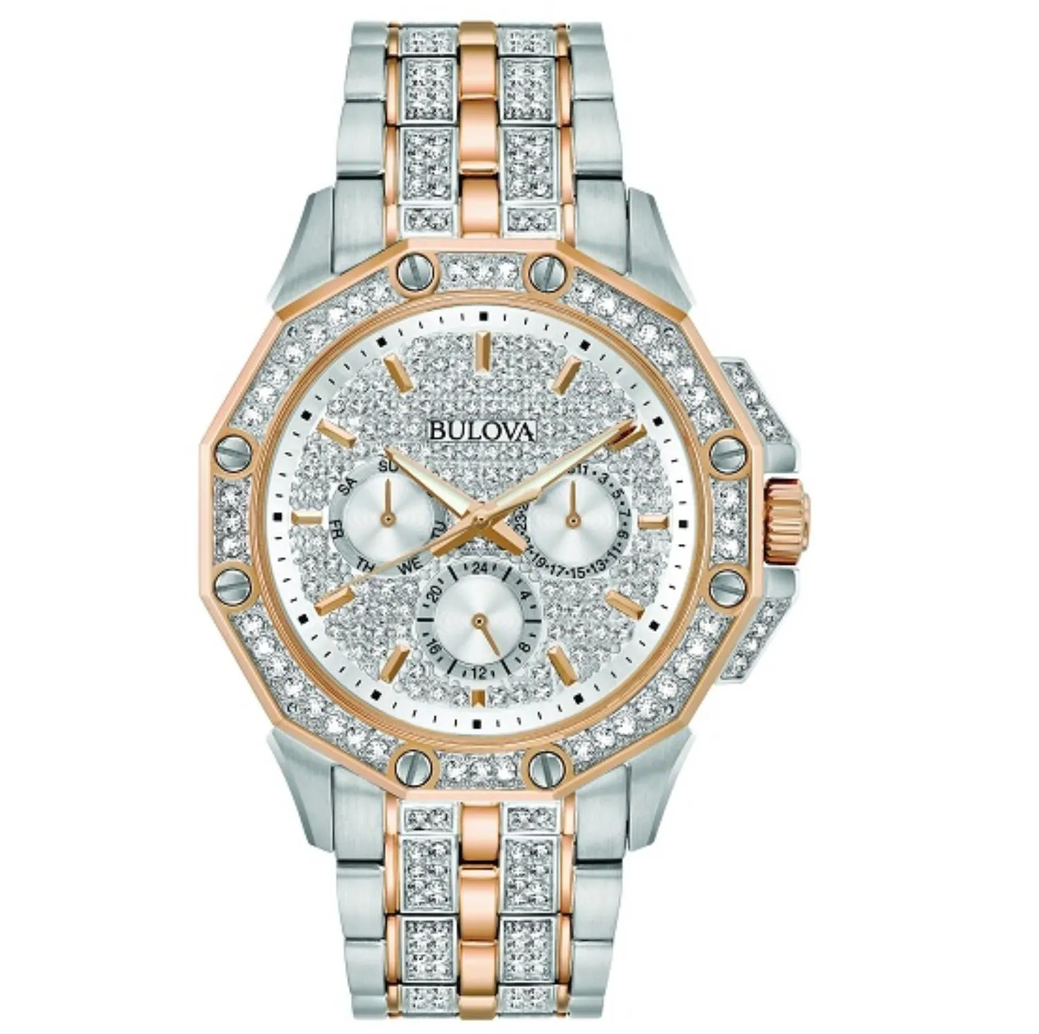 Bulova Crystal Collection Watch with 41MM Silvertone Round Dial and Stainless Steel Bracelet. 98C133