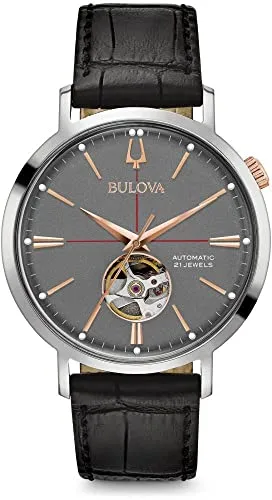 Bulova Men's Classic Aerojet 3-Hand Automatic Leather Strap Watch, Open Aperture, 40-Hour Power Reserve, Double Curved Mineral Crystal, 41mm Style: 98A187