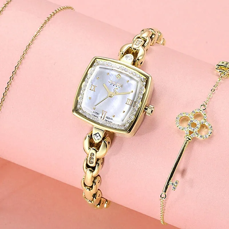 Captivating Square Case with Rhinestone and Pearl Dial Quartz Watches