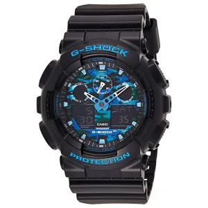 Casio Unisex Black and Blue Dial Black Resin Band G-Shock Graphic Digital Quartz Watch - GA-100CB-1ACR