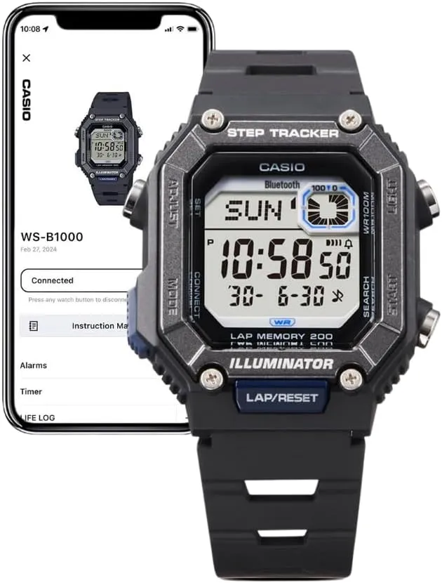 Casio WS-B1000 Series | Men's Digital Watch | (Black) | 100M WR | Step Tracker | LED Illuminator | 100 SEC Chronograph | Daily Alarm | 2-Year Battery
