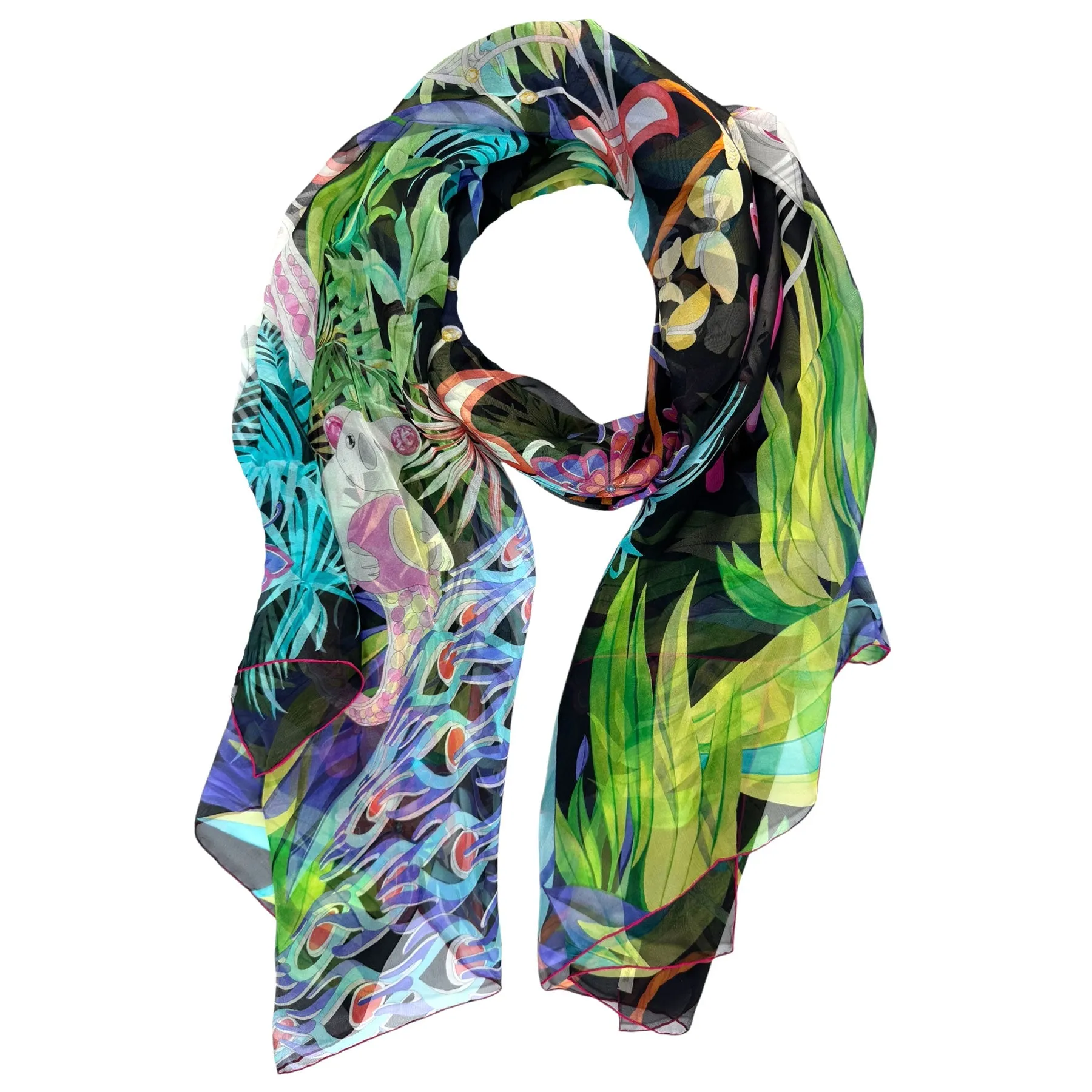 Chopard Scarf Black Animal World Design - Extra Large Chiffon Silk Wrap
