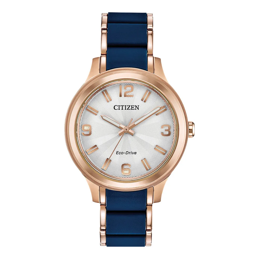 Citizen Drive Womens Blue Stainless Steel / Silicone Bracelet Band Silver-Tone Quartz Dial Watch - FE7073-71A