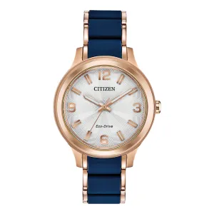 Citizen Drive Womens Blue Stainless Steel / Silicone Bracelet Band Silver-Tone Quartz Dial Watch - FE7073-71A