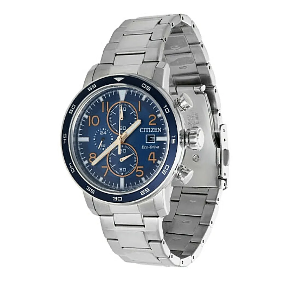 Citizen Eco-Drive Mens Silver Chronograph Stainless Steel Band Blue Sunray Quartz Dial Watch - CA0647-52L