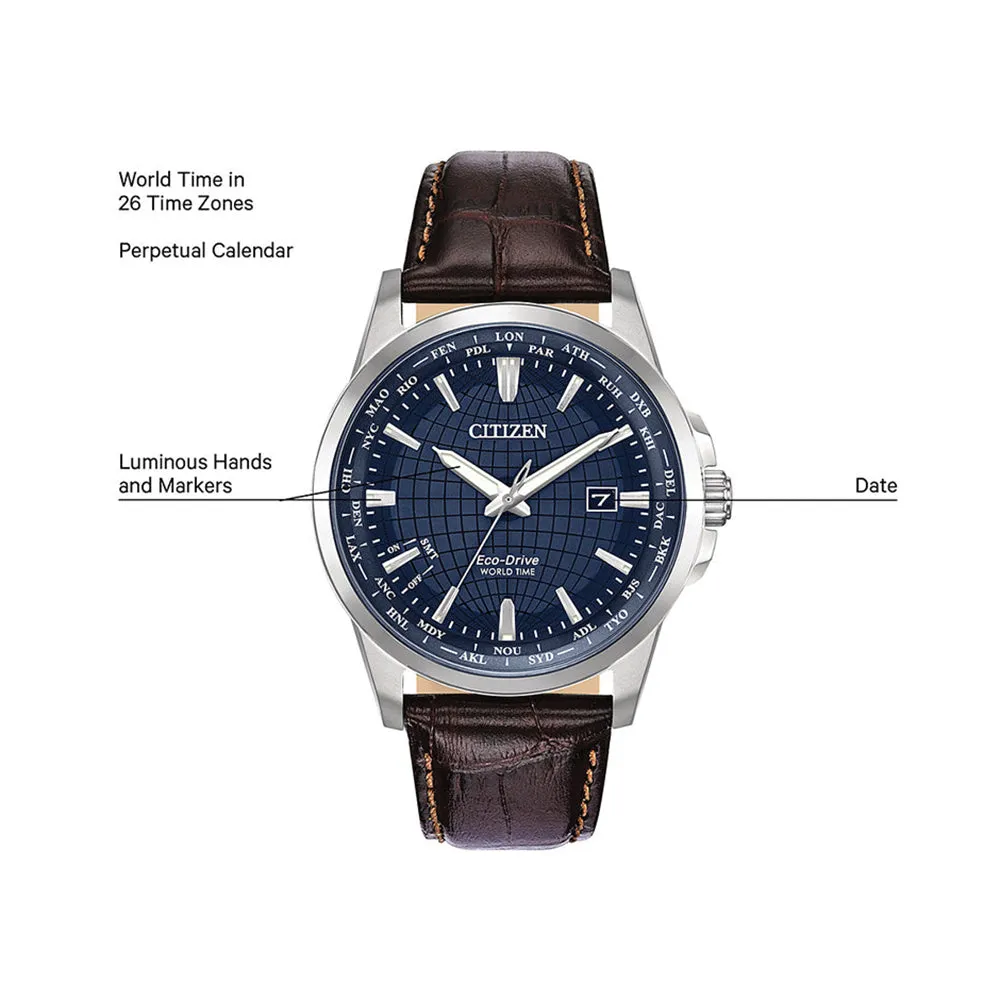 Citizen World Time Eco Drive Mens Brown Leather Band Blue Quartz Dial Watch - BX1000-06L