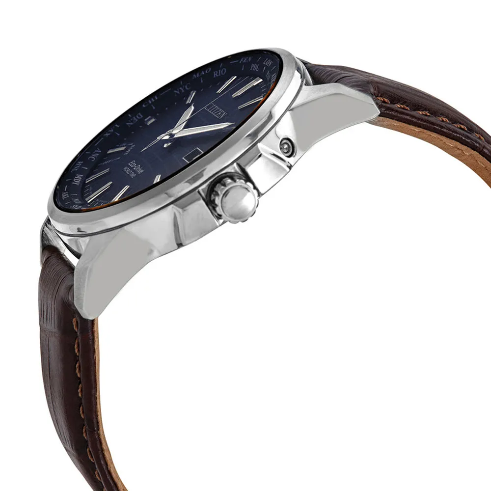 Citizen World Time Eco Drive Mens Brown Leather Band Blue Quartz Dial Watch - BX1000-06L