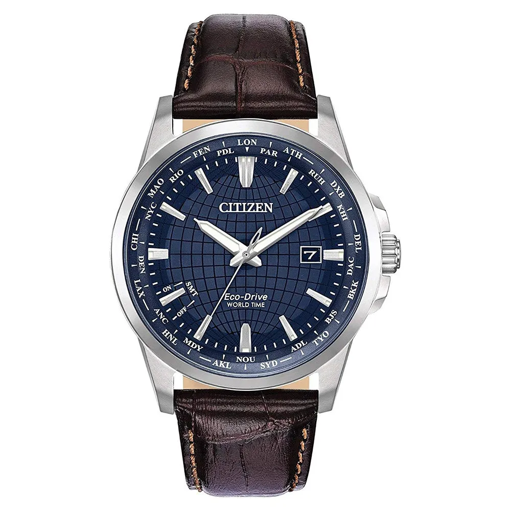 Citizen World Time Eco Drive Mens Brown Leather Band Blue Quartz Dial Watch - BX1000-06L