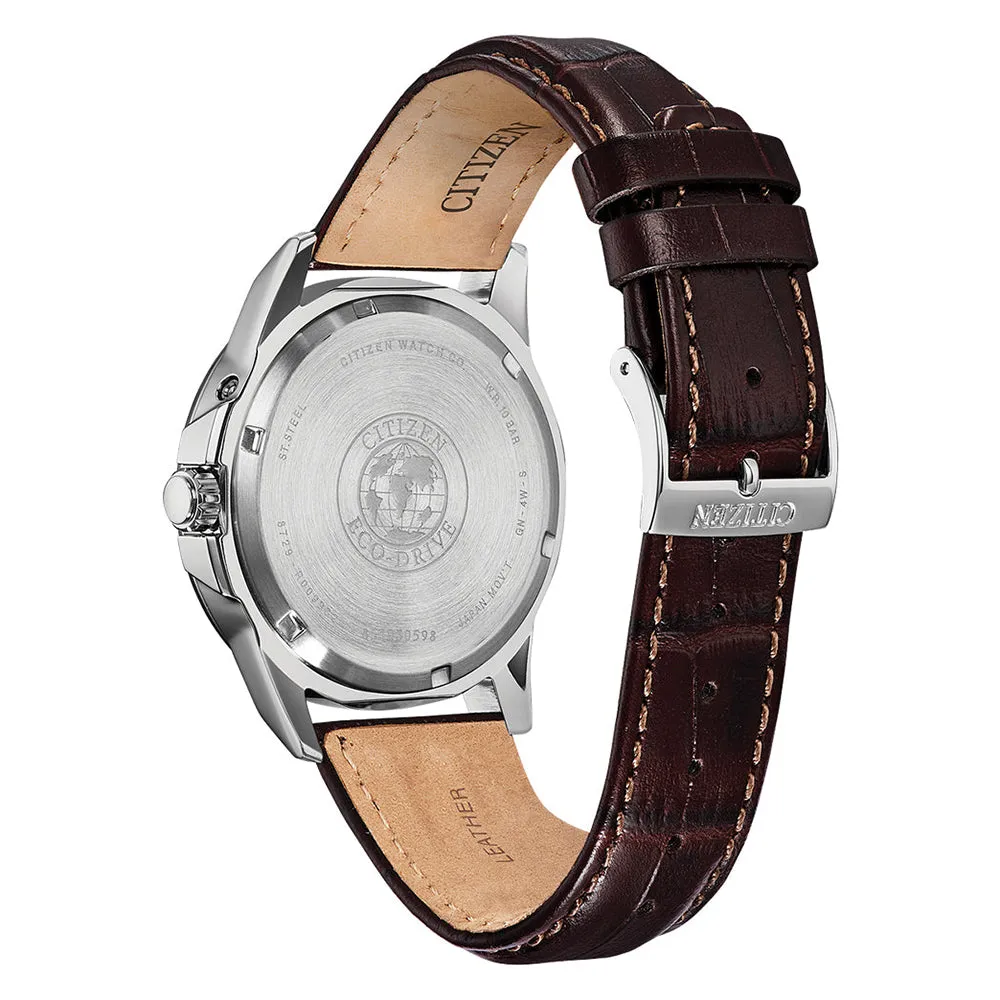 Citizen World Time Eco Drive Mens Brown Leather Band Blue Quartz Dial Watch - BX1000-06L