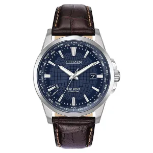 Citizen World Time Eco Drive Mens Brown Leather Band Blue Quartz Dial Watch - BX1000-06L