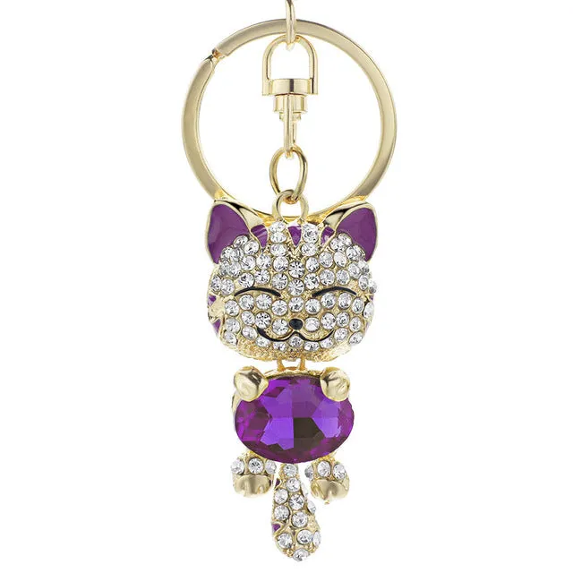 Cute Cat Crystal Rhinestone Keyrings Key Chains Rings Holder Purse Bag For Car Lovely Keychains K218C