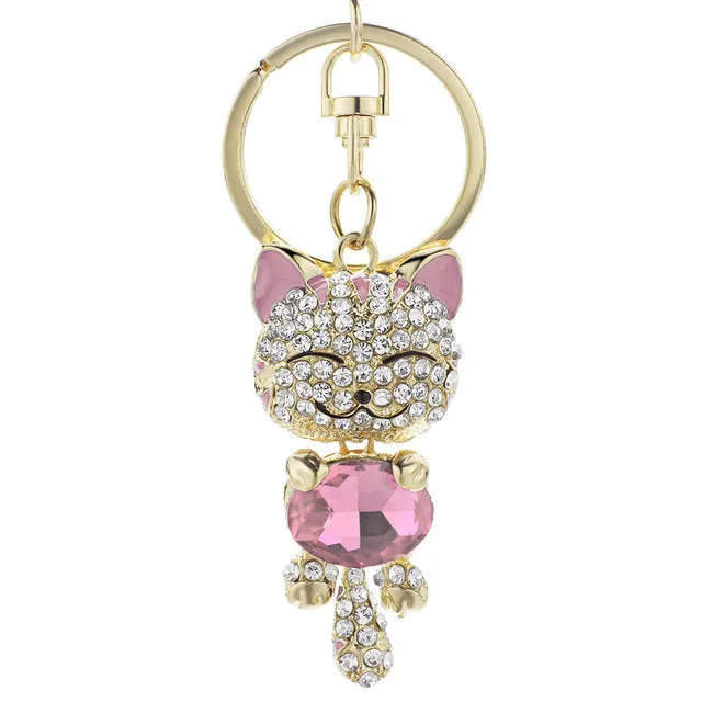 Cute Cat Crystal Rhinestone Keyrings Key Chains Rings Holder Purse Bag For Car Lovely Keychains K218C